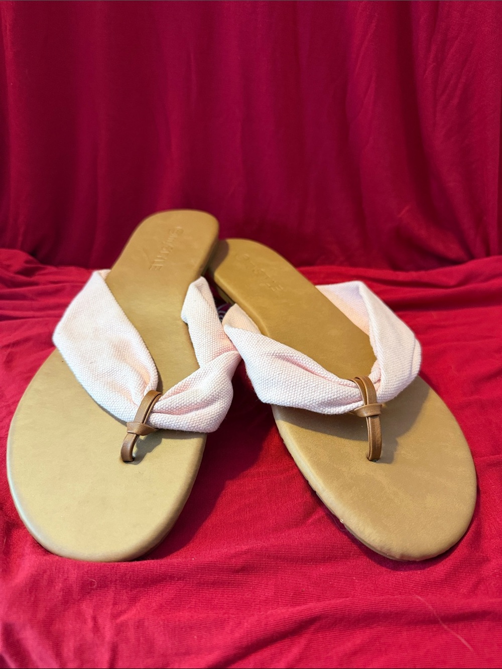 Women’s Pink Fabric Toe-Post Sandals with Tan Footbed